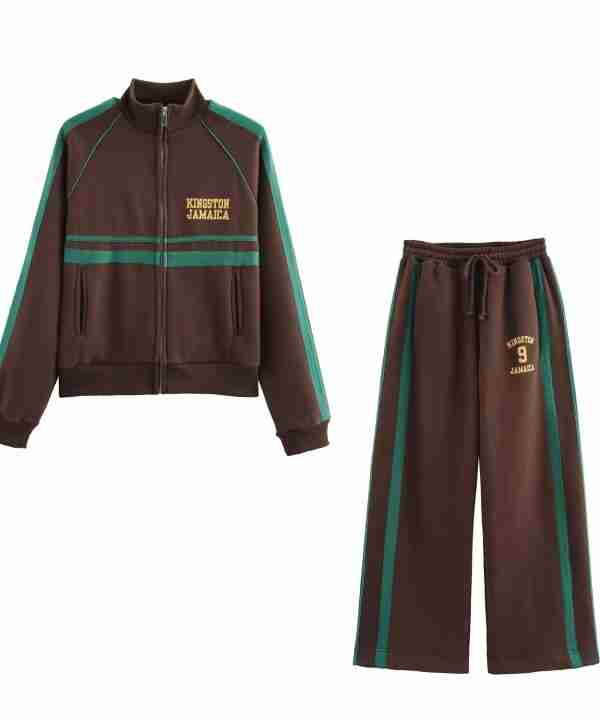 Women Clothing Autumn Winter Printed Stand Collar Zipper Sweatshirt Trousers Two Piece Pant Sets