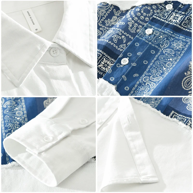 Paisley Patchwork Shirt for Men Cotton Long Sleeve Shirts Loose Plus Size Men's Clothing - Image 4