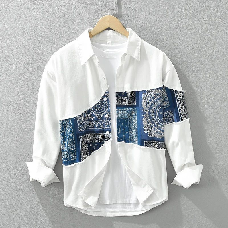 Paisley Patchwork Shirt for Men Cotton Long Sleeve Shirts Loose Plus Size Men's Clothing