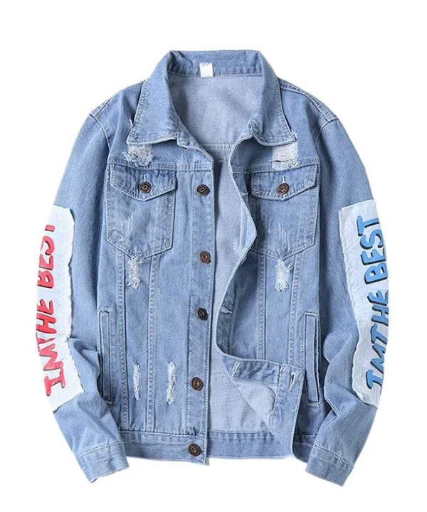 Mens Hi Street Graffiti Ripped Denim Jacket Fashion Streetwear Painted Jeans Coat With Holes Distressed Outerwear Big Size 5XL