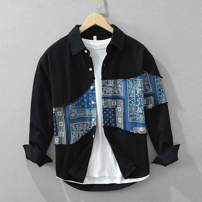 Paisley Patchwork Shirt for Men Cotton Long Sleeve Shirts Loose Plus Size Men's Clothing - Image 5