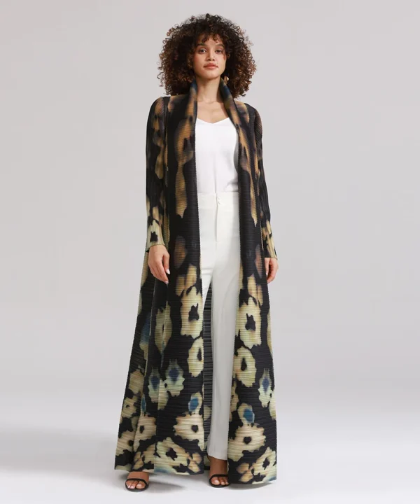 Miyake Pleated Turndown Collar Long Sleeve Printed Cardigan Abaya Women 2025 Spring New Original Designer Loose Coats Dress