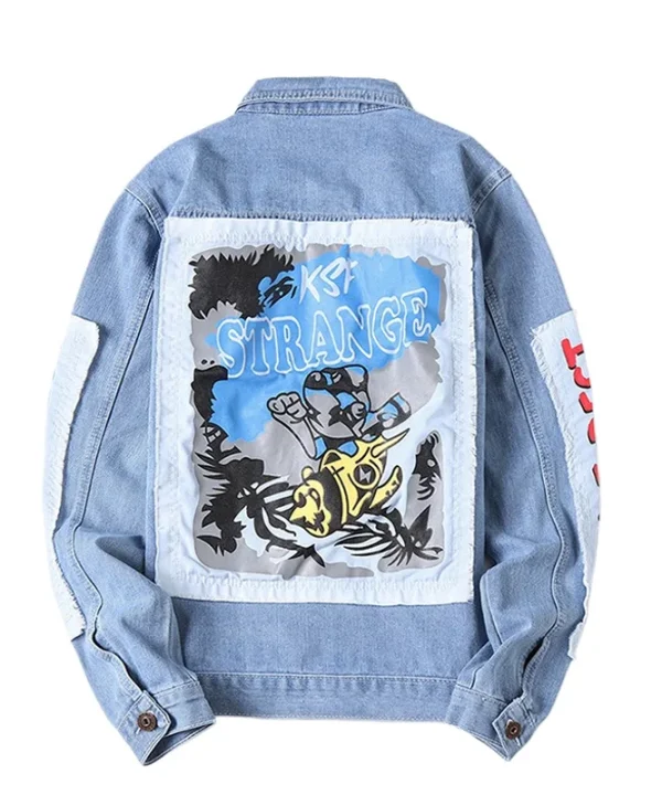 Alternative view of Mens Hi Street Graffiti Ripped Denim Jacket Fashion Streetwear Painted Jeans Coat With Holes Distressed Outerwear Big Size 5XL